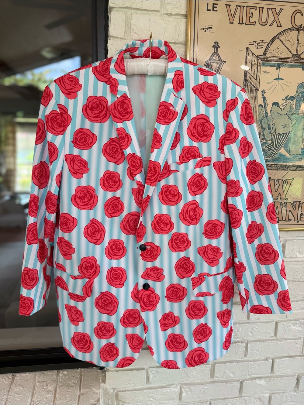 Men’s Red Rose Print Blazer in Light Blue Stripe